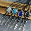 Men Vintage Bolo Tie Western Cowboy Antique Stone Feathered Pendant Shirt Collar Jewelry Braided Rope Necktie Neckwear