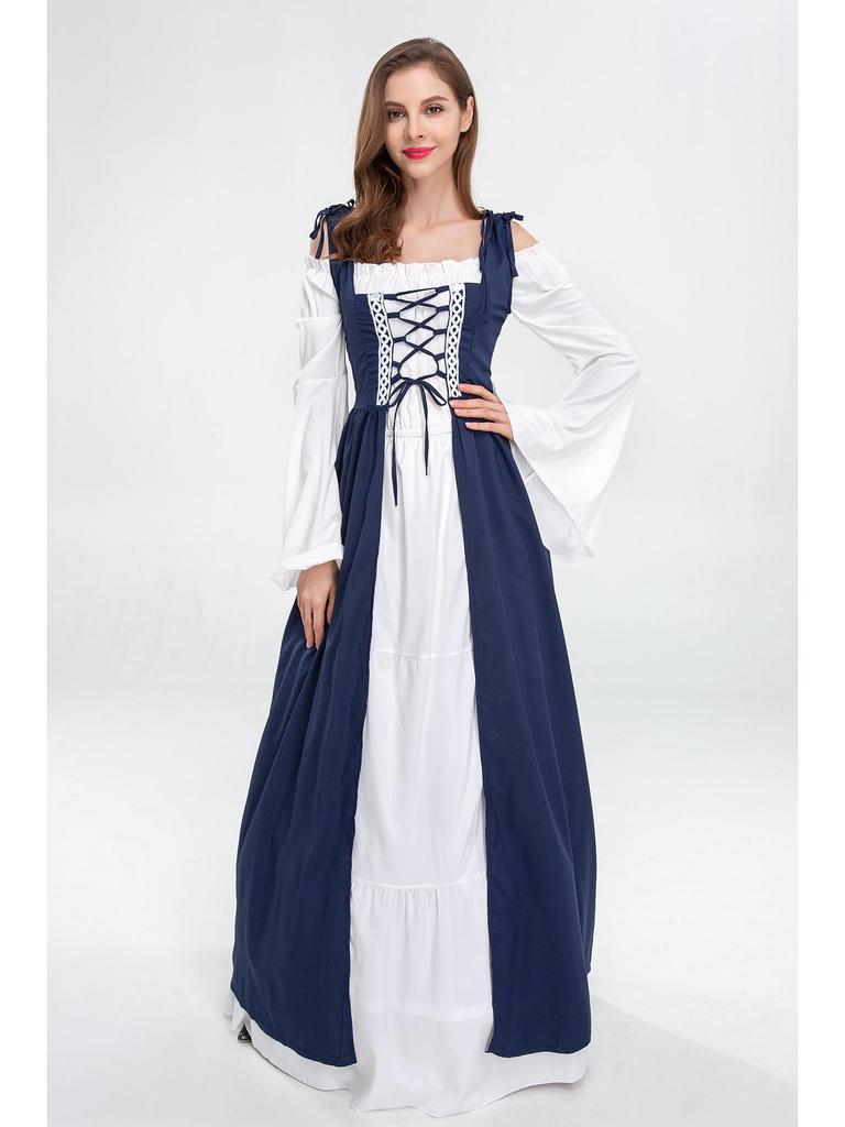 European and American Vintage Medieval Renaissance Square Neck Lace-Up Corset Halloween Costume Dress