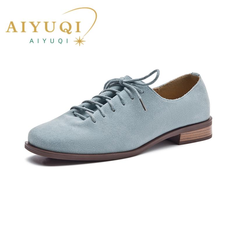 Fashion AIYUQI Women Loafers Shoes Genuine Leather Thick Heels Student Shoes Female Lace Up British Style Lady Oxford Shoes Footwear