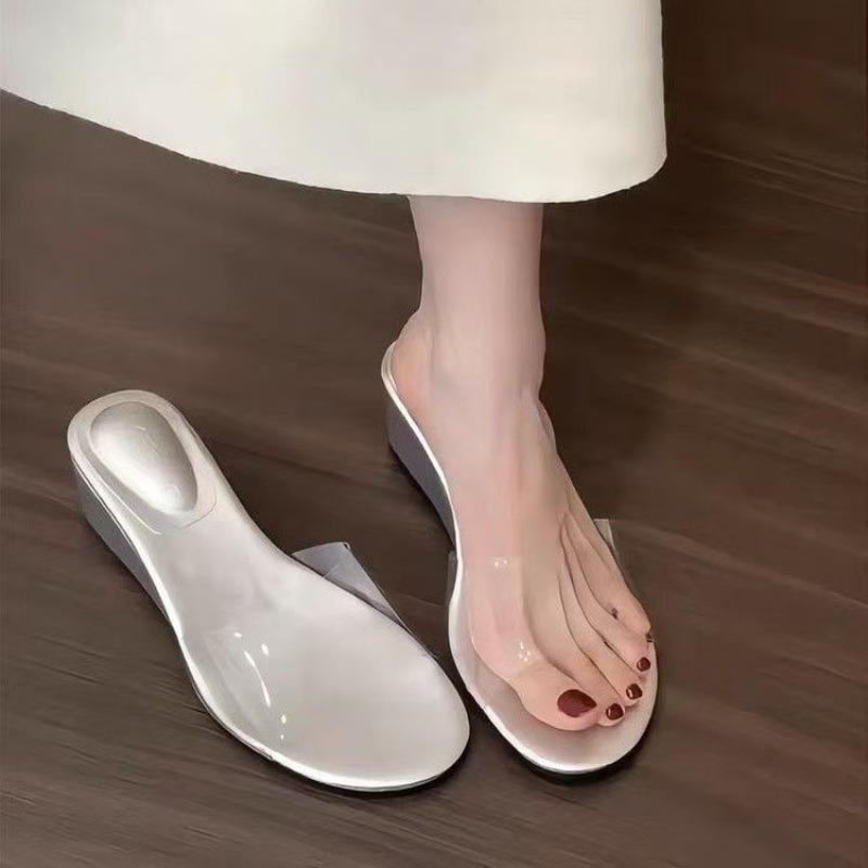 

Fashion PVC Transparent Mid-high Heels Wedge Slippers New Summer Solid Shallow Women s Sandals Fashionable and Comfortable Women s Shoes 40