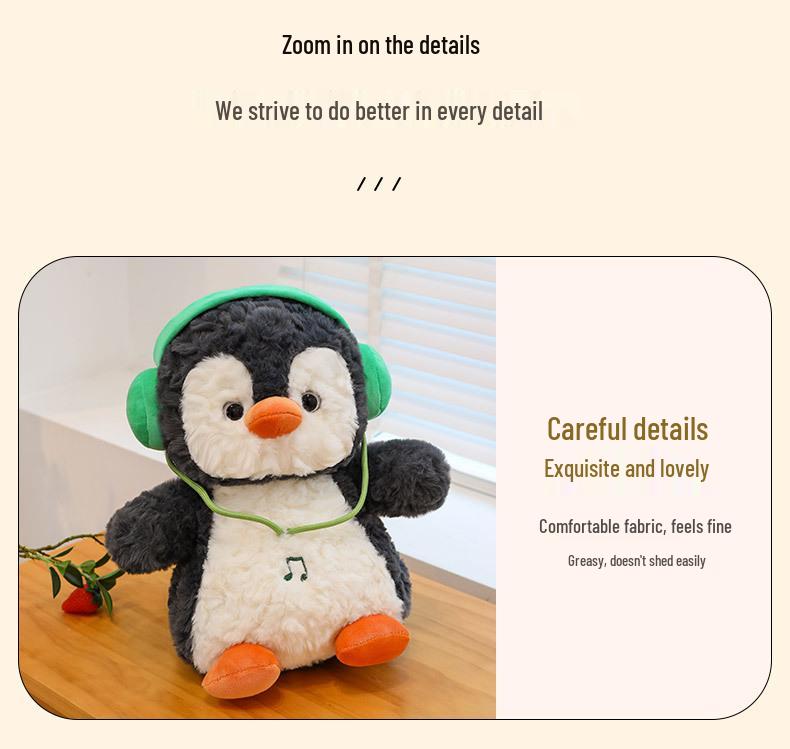 Chubby Penguin Plush Toy with Fun Headphones - Cute Cartoon Doll Gift for Girls