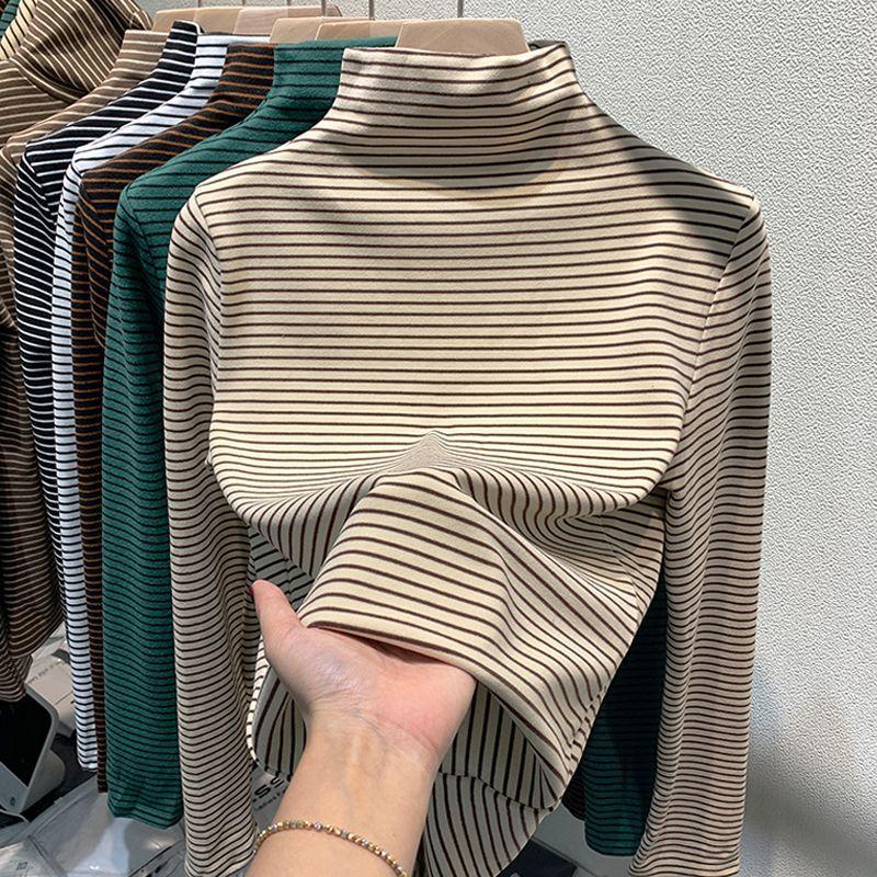 Color-woven Double-sided German Velvet Semi-turtleneck Bottoming Shirt for Women's Inner Wear, New Striped Long-sleeved Top Bottoming Shirt for