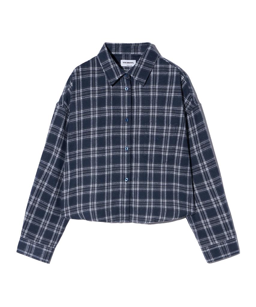 VIVABROWN 85-Viva097 Fuse Crop Long Sleeve Check Shirt Navy