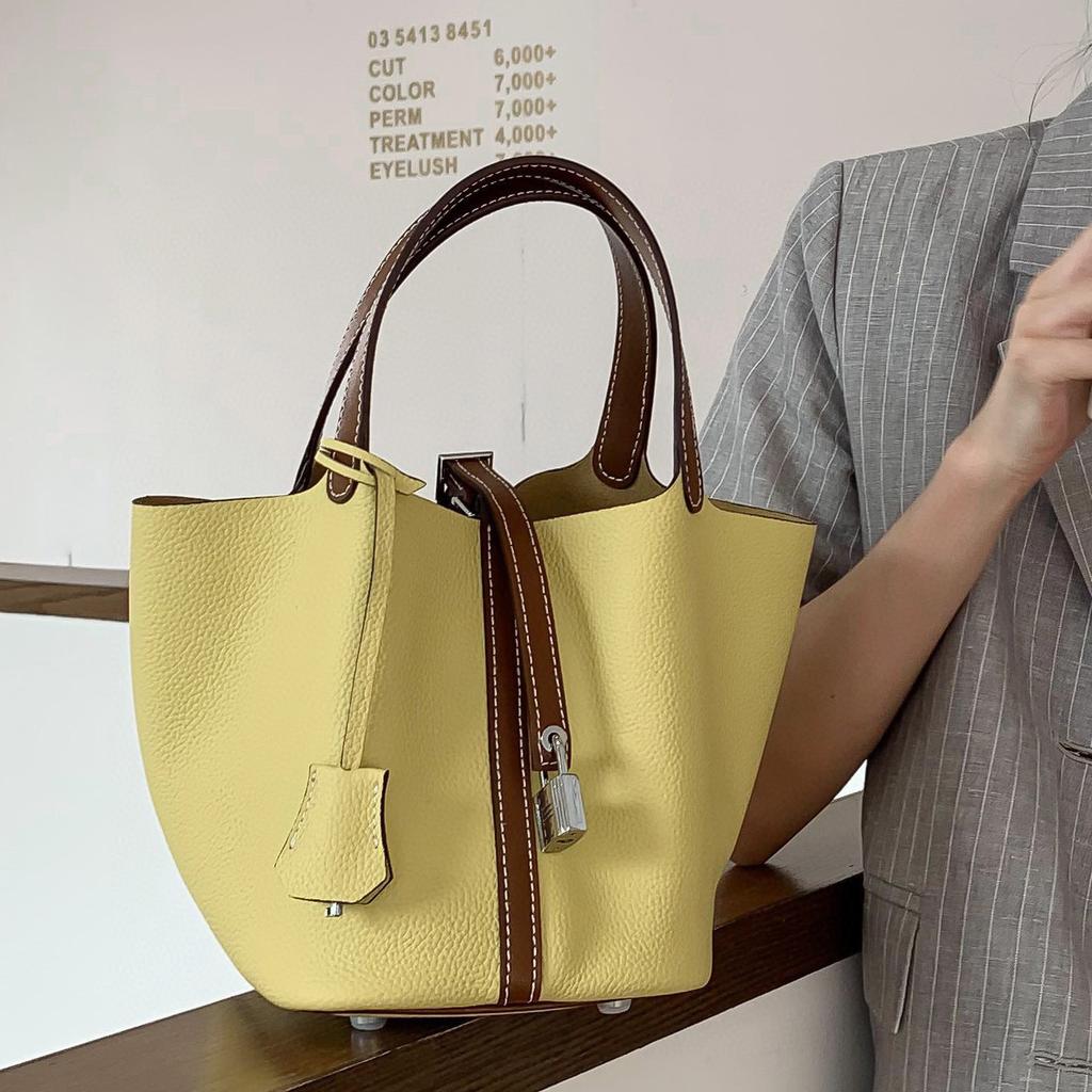 Damenhandtasche Togo-Leder Farbabstimmung Gemüsekorb Große Kapazität Handtasche Rindsleder Litschi-Muster Tasche Damen Kontrastfarbe Handtasche