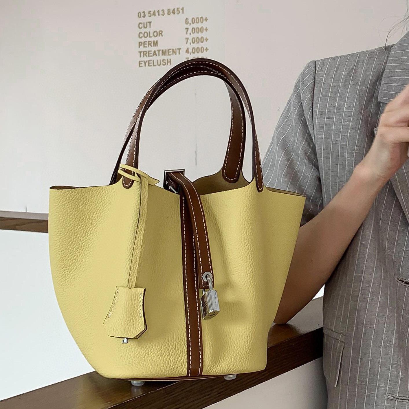 

Women s bag togo leather color matching vegetable basket large-capacity handbag cowhide lychee pattern bag women s contrasting color hand carry 18cm