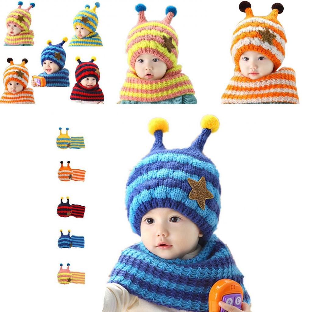 Winter Kids Hat With Plush Ear Protection Big Five-pointed Star Hat Scarf Set Striped Woolen Material Blue Yellow Orange Red Pink