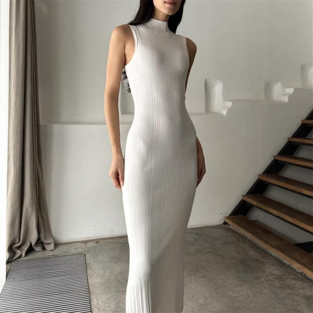 Knitted. Neck Sleeveless Tights Spring Summer Medium Dress Elegant French Dress Women