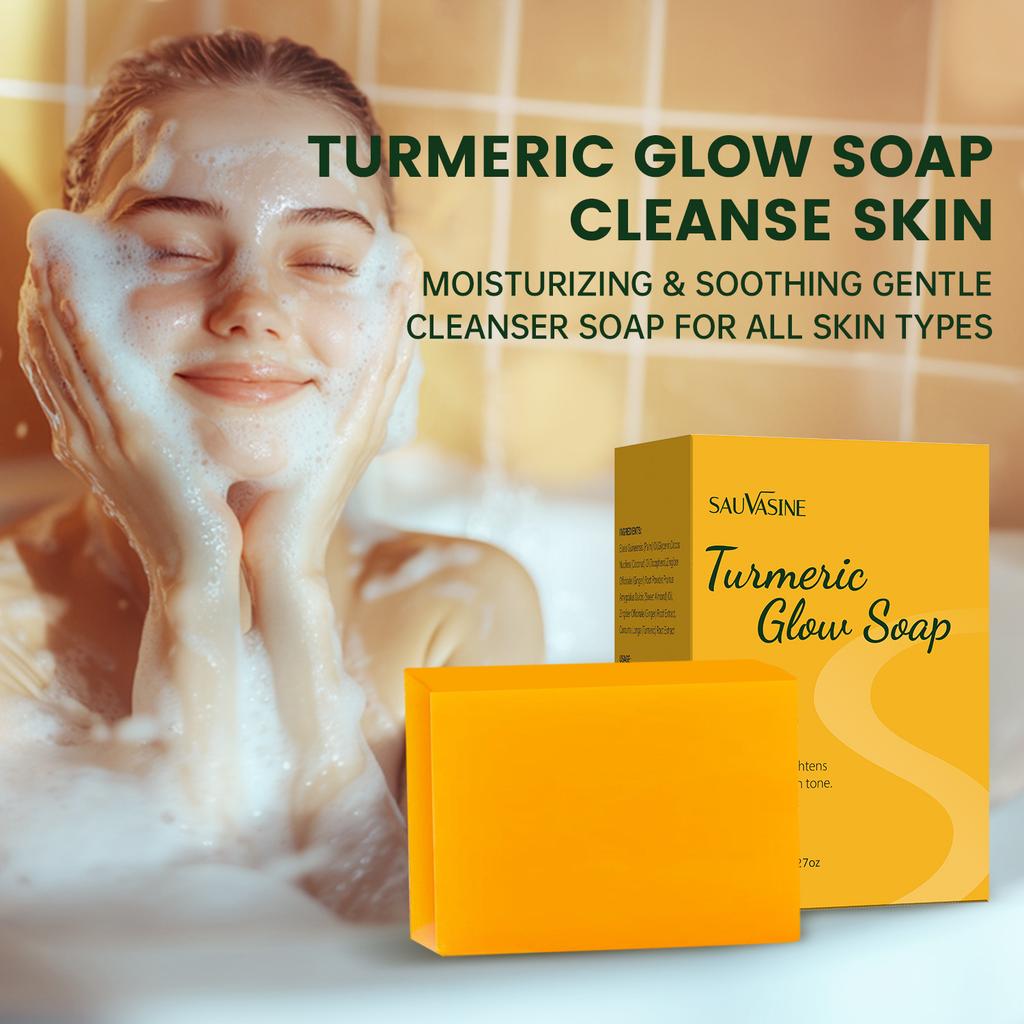 Shuowoxin Turmeric Glowing Soap Single with Mesh Puff Turmeric Soap Exfoliating Body Face Cleansing Whitening