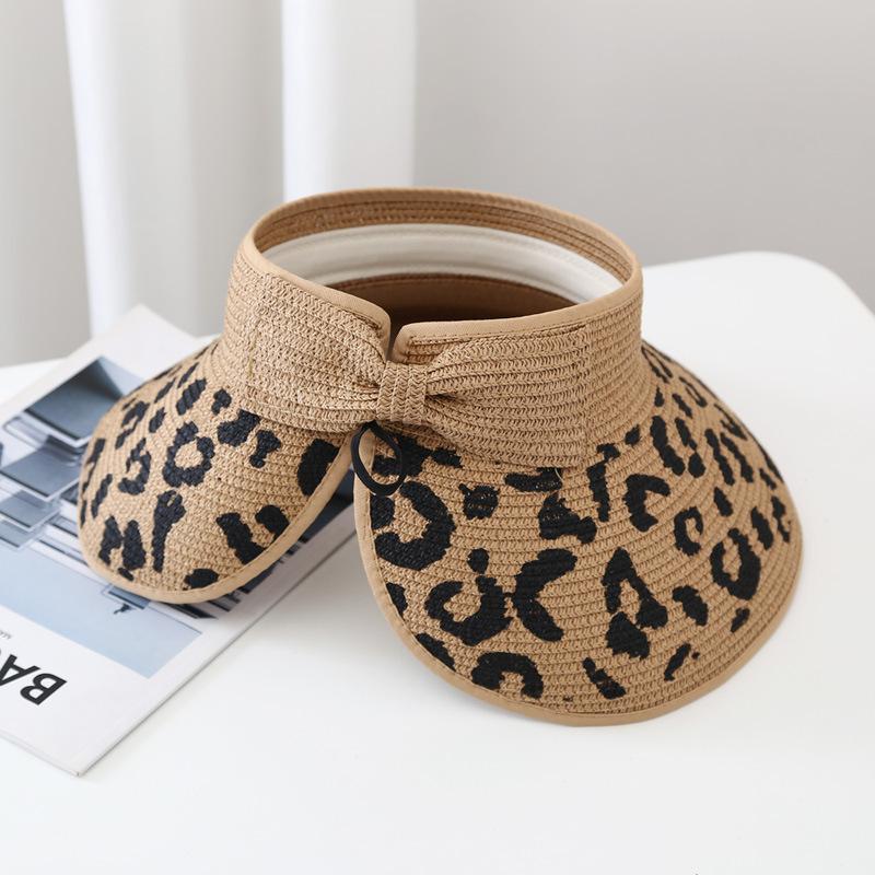 Spring and Summer Fashion Female Leopard Print Empty Top Straw Hat Sunscreen Sun Hat Paper Woven Grass Bow Large Edge Adjustable Sun Hat