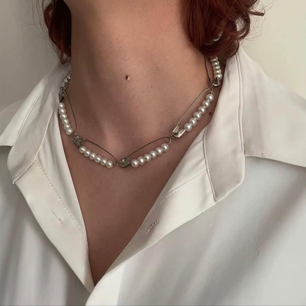 Hip-Hop Punk Fashion Round Buckle Pearl Imitation Necklace Punk Personality Retro Necklace Women's Trendy Jewelry Accessory