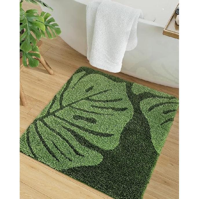DEXI Bathroom Rug Mat, Green Bath Rugs Square Leaf, Non Slip Washable Bathroom Floor Mat, Absorbent Soft Carpet Bath Rugs for Bathroom, Shower Room, 2 x 2 (Square) зелёный