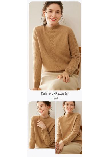 Women's Cable Knit Cashmere Pullover with Built-in Stand-up Collar Base Layer Sweater