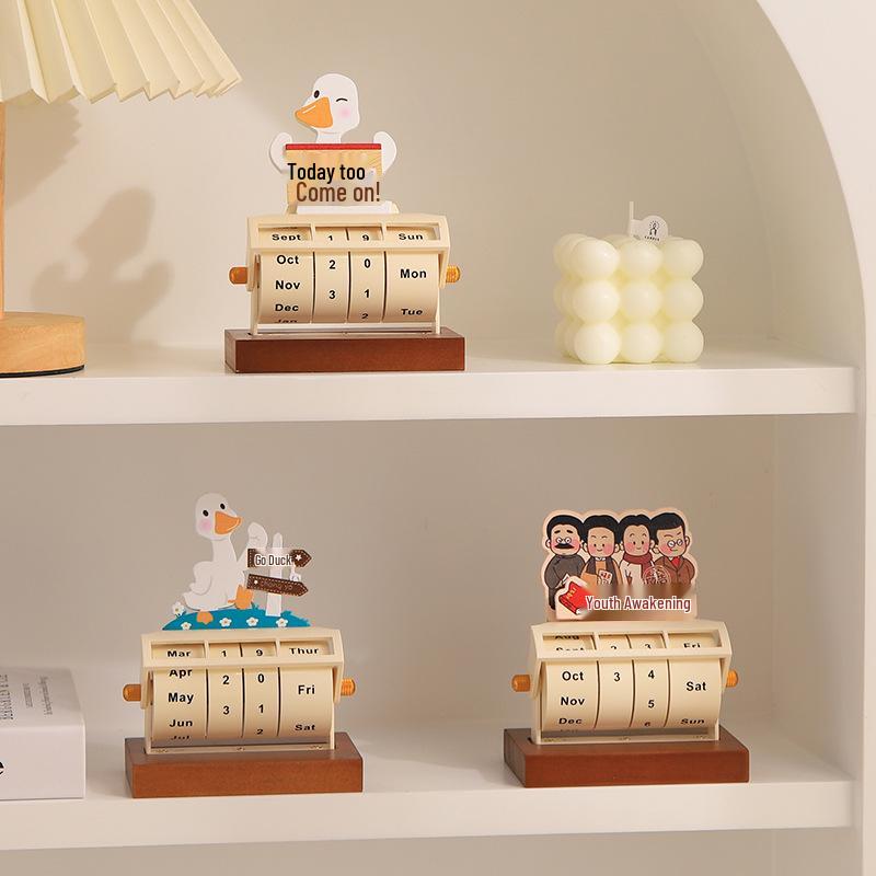 Rotating Wooden Perpetual Calendar Ornament for Desk and Home Decor