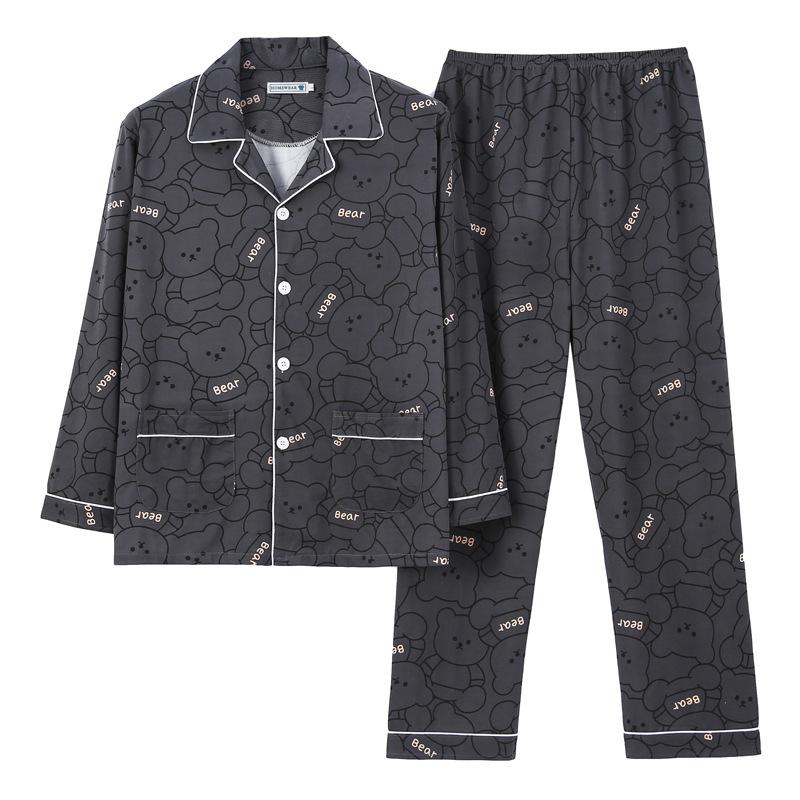 Large Size Warm Sleepwear for Winter Pajamas Men's Long-Sleeved Youth Home WearSet Cartoon Bear Plaid Simple Loungewear