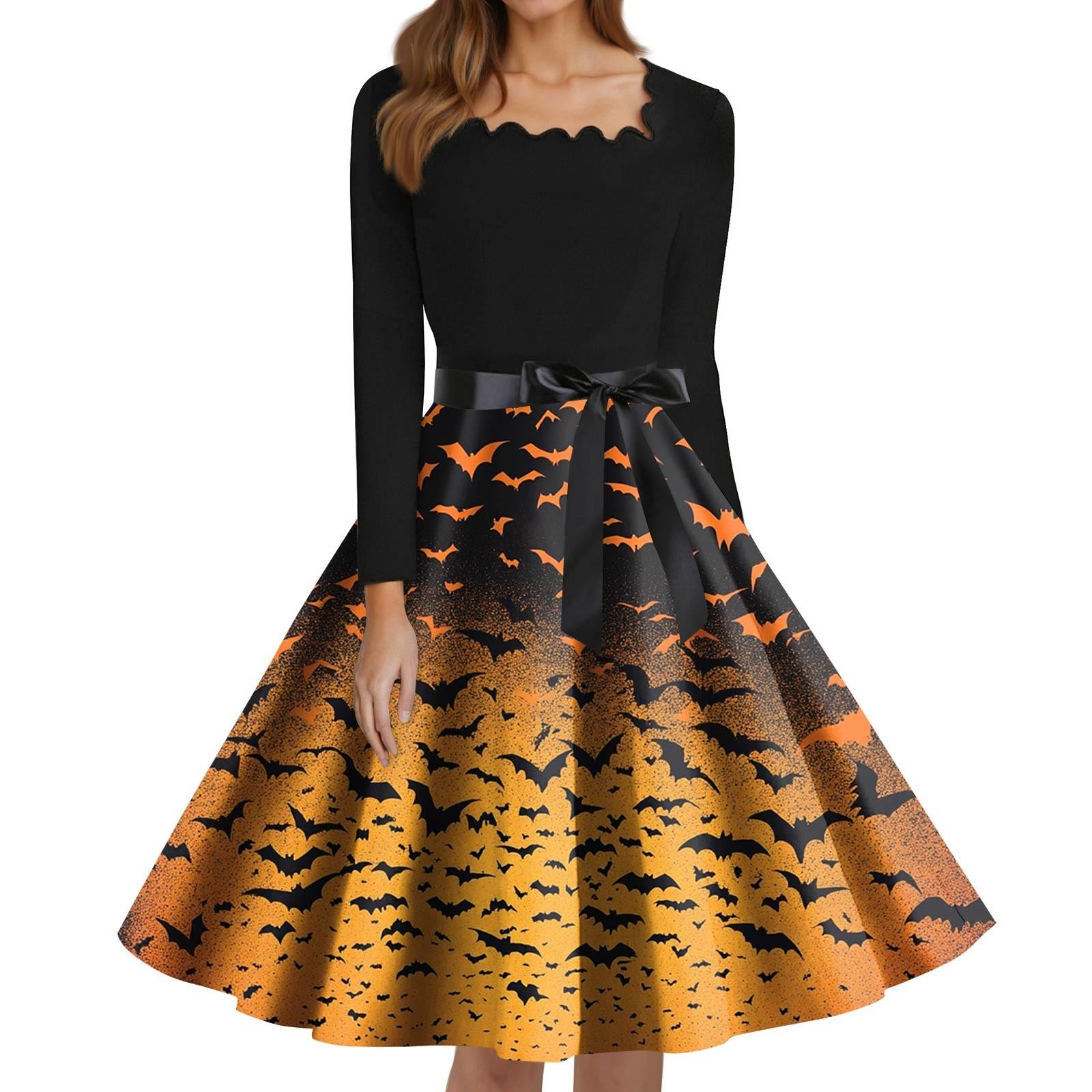 

Women s Fashion Square Neck Casual Slim Halloween Printed Long Sleeve Dresses XXXL
