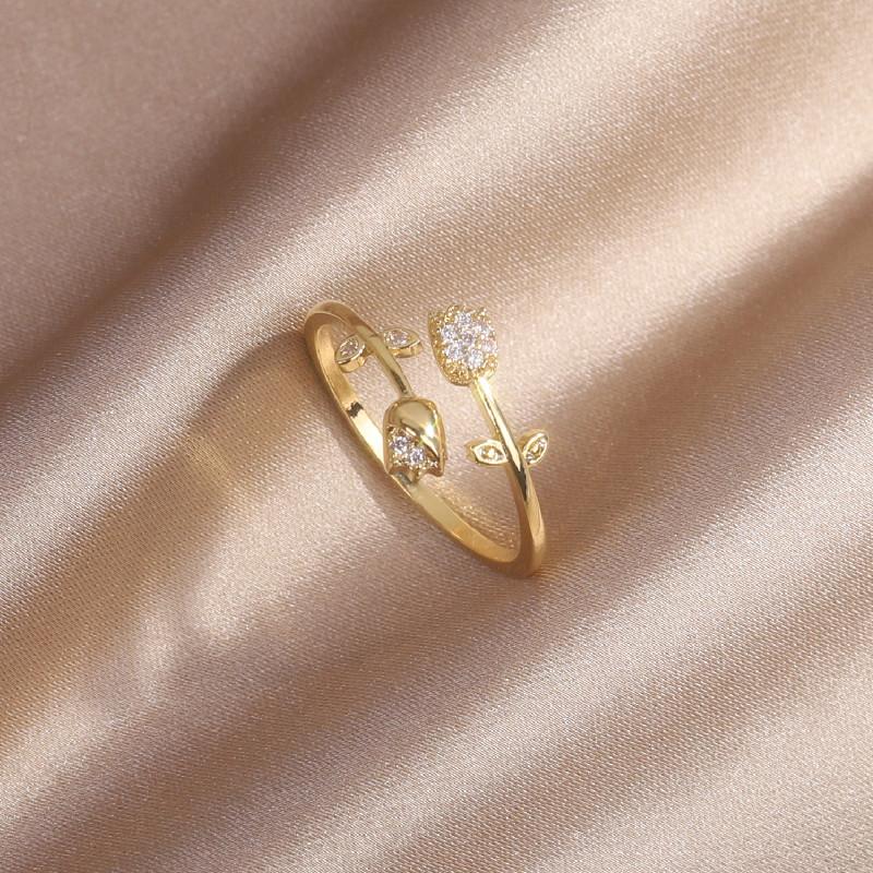 Korea  Design Fashion Jewelry 14K Real Gold Plated Leaf Zircon Cat Double Tulip Ring Elegant Women's Opening Adjustable Ring