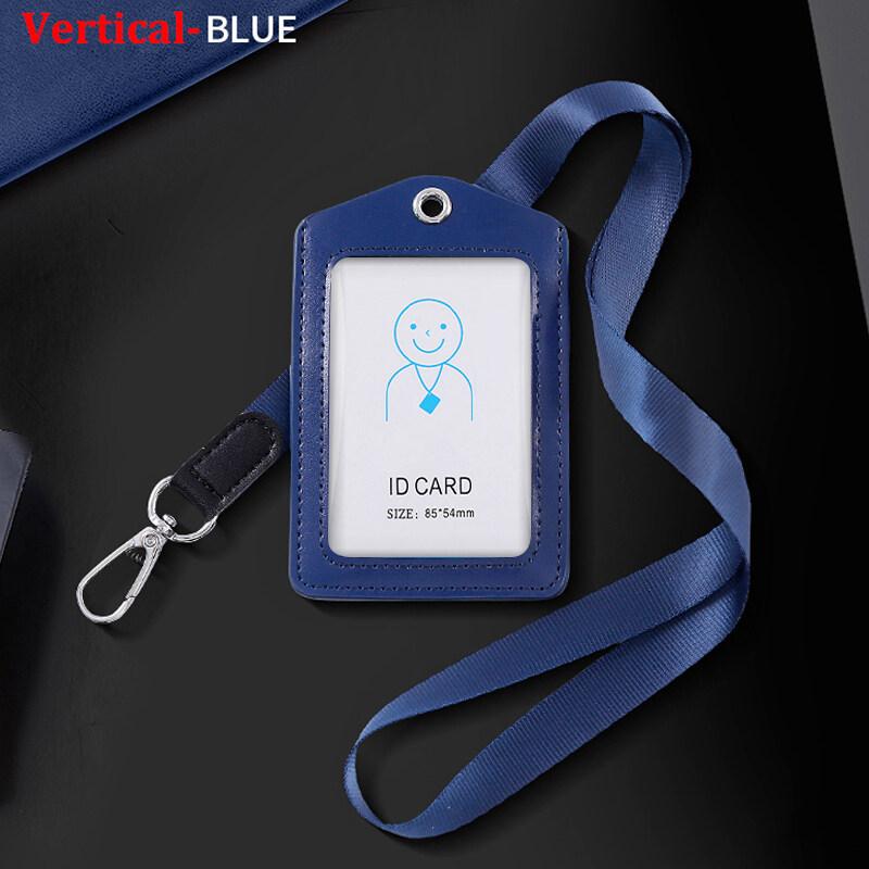 Formal Business ID Badge Holder Durable Real Leather Work Chest Card Pouch with Lanyard Simple Classic Black Stationery