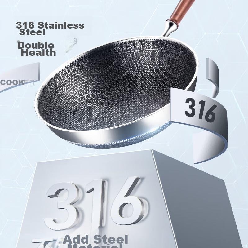 Wok, 316 Stainless Steel Frying Pan, 34cm Non-Stick Wok with Three Layers of Steel, Compatible with Gas And Induction Cooktops, MCC3919