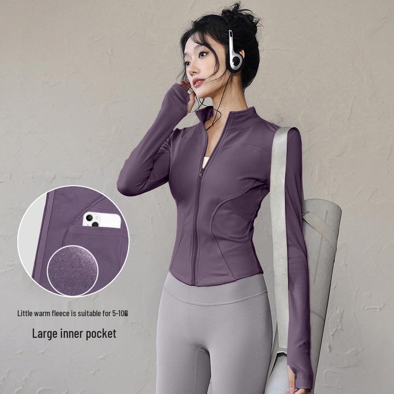 Damen Frühlings-Yoga-Bekleidung 2026: Dünne Fleece-Sportjacke mit Stehkragen, Reißverschluss, enganliegend für Laufen & Fitness.