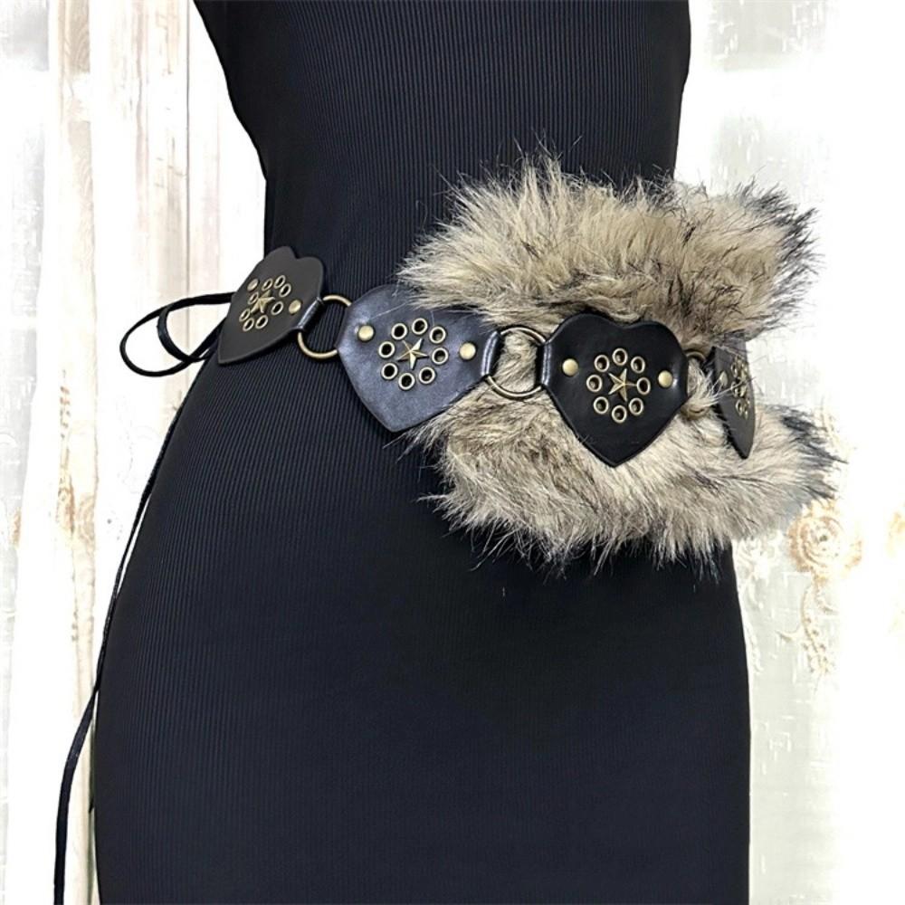 Patchwork Heart Waist Belt Faux Fur Brown Rivet Belt Fashion Women Waistband  Waist Accessories