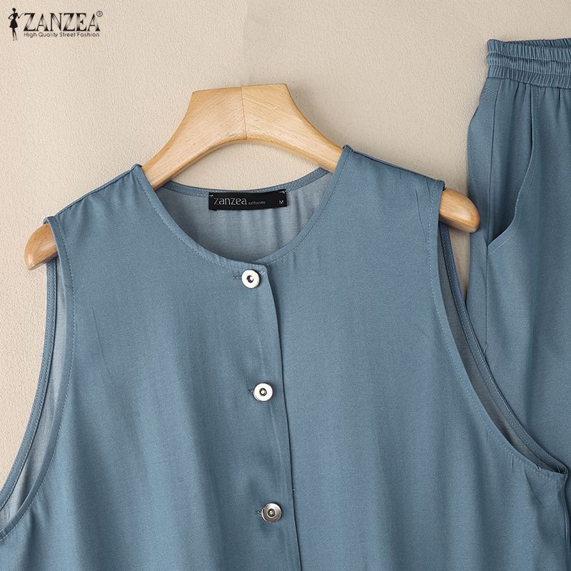 ZANZEA Women Sleeveless Vest Tops and Pants Summer Two Piece Suit Sets