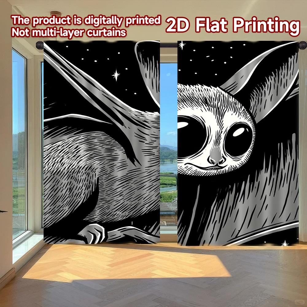

Set Of 2 Flat Printing Curtains Without Rod Halloween Bat Illustration Holiday Easter Printed Versatile Polyester Made W100*H70(CM)-Grommet top&1PCS
