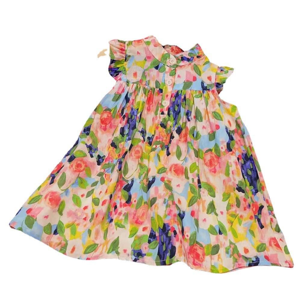 Girls Summer Oil Painting Floral Dress Cute Flutter Sleeve Princess Vest Dress Fresh And Stylish Children Party Sundress