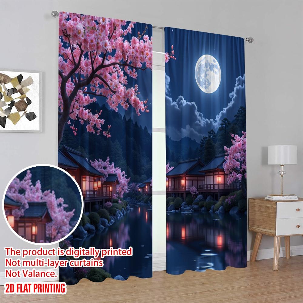 2D Flat Printing 2pcs Romantic Summer Window Curtains Cherry Blossom Moonlit Night Polyester Without Electricity Festive Holiday