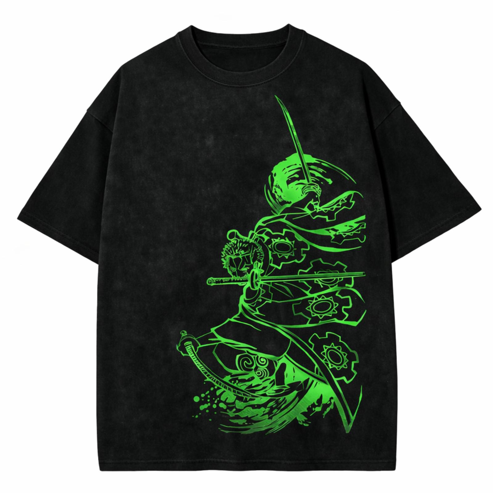 Neon Samurai Warrior Graphic T-Shirt Green Blade Fighter Streetwear Tee Unisex S разноцветный