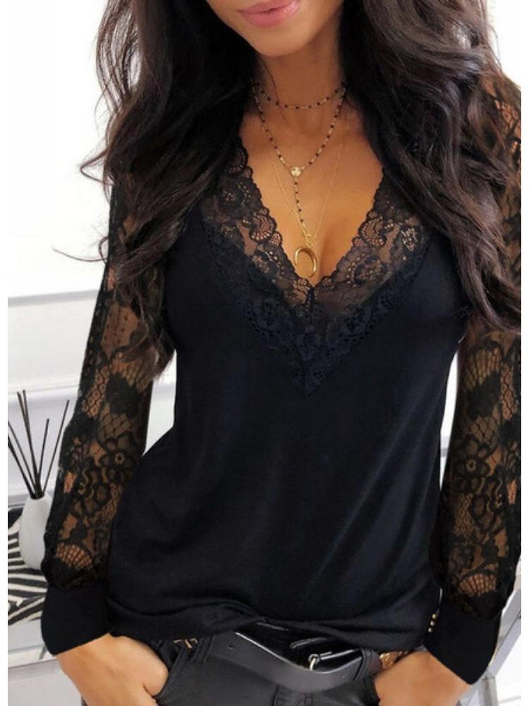 

Модные женские повседневные топы, осенние кружевные кружевные сращивания, V-образный вырез, прозрачная футболка с длинными рукавами, удобная и универсальная футболка для женщин 3XL чёрный