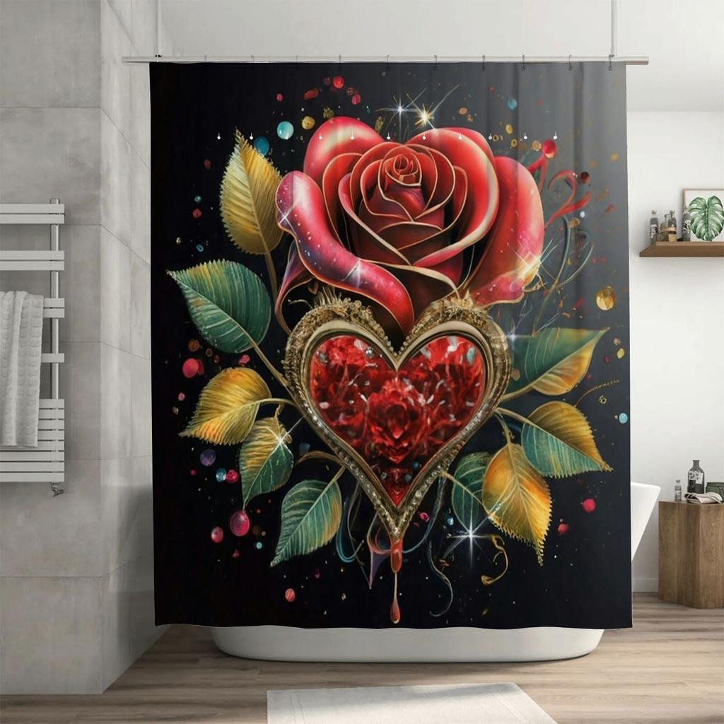Romantic Rose Heart Shower Curtain - Luxurious Red Floral and Gemstone Design for a Waterproof and Unique Bathroom Décor Set