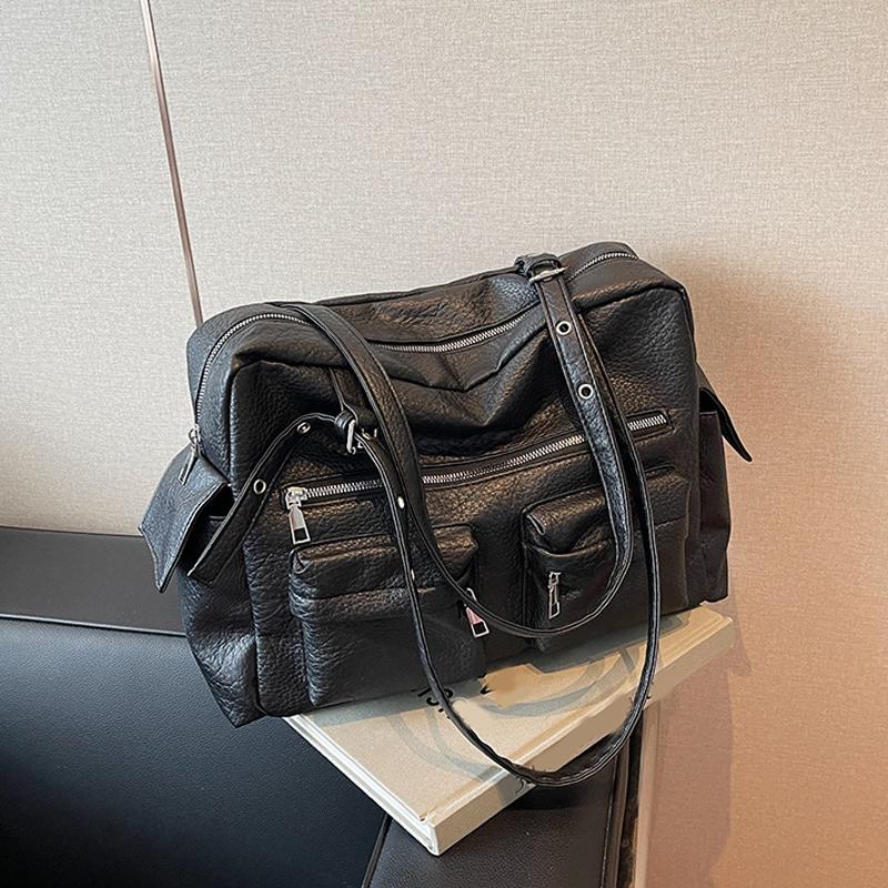 Women PU Leather Shoulder Bag Multi-Pockets Underarm Bag Solid Color Versatile Commuting Handbag Adjustable Strap Tote Bag ARI