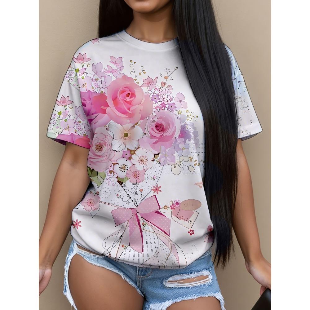 Summer New Women's Casual T-shirt Floral Print Fashion 3D Short Sleeved Round Neck Comfortable Plus Size T-shirt