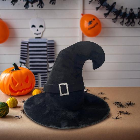 Velvet Witch Hat with Mysterious Button Design Wide Brim Solid