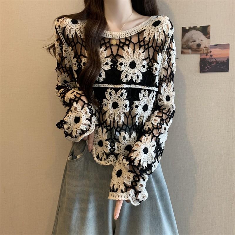 Women Fashion Retro Cotton And Hemp Printing Lapel Long Sleeves Shirt Tops