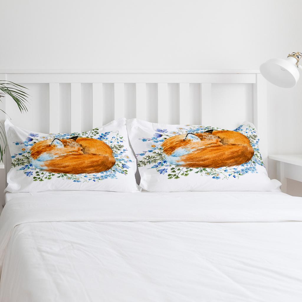 Cartoon Animal Watercolor Sleeping Fox Flower Bedding Set 3pcs Duvet Cover Pillowcase Quilt Cover Double Bed Set Home Textile