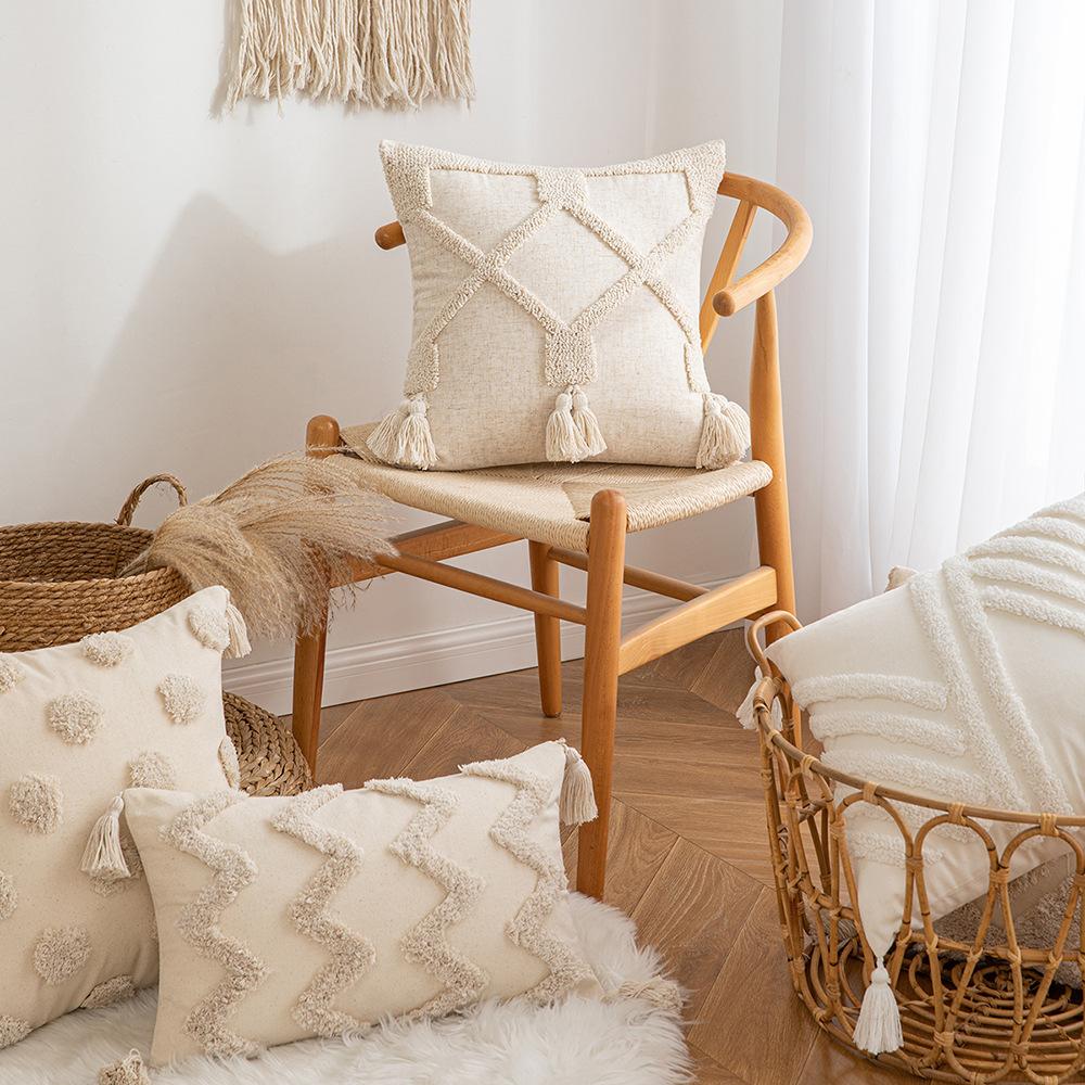 Wasabi Tufted Pillow Case Geometric Embroidered Tassel Sofa Cushion Case Bohemian Bathroom Windows Pillow Premium