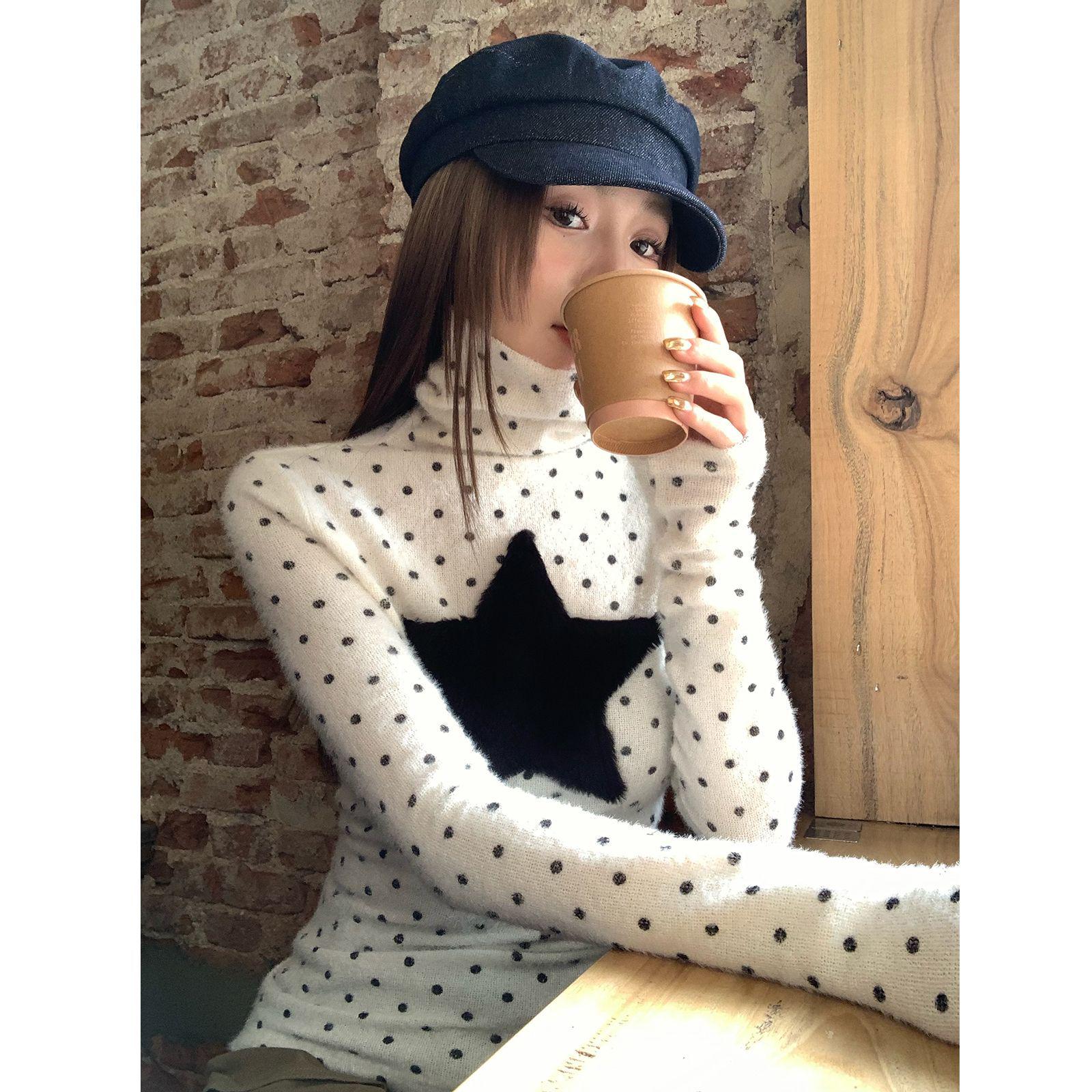 De Rong Polka Dot High Neck Long Sleeve Women s Base Layer Top (Autumn/Winter) Small белый