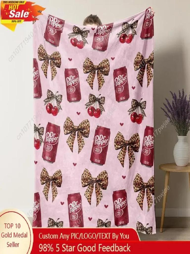 Dr Pepper Flannel Leopard Print Bow Throw Blanket Perfect for Sofa Bed Office Camping Cozy Nap Blanket