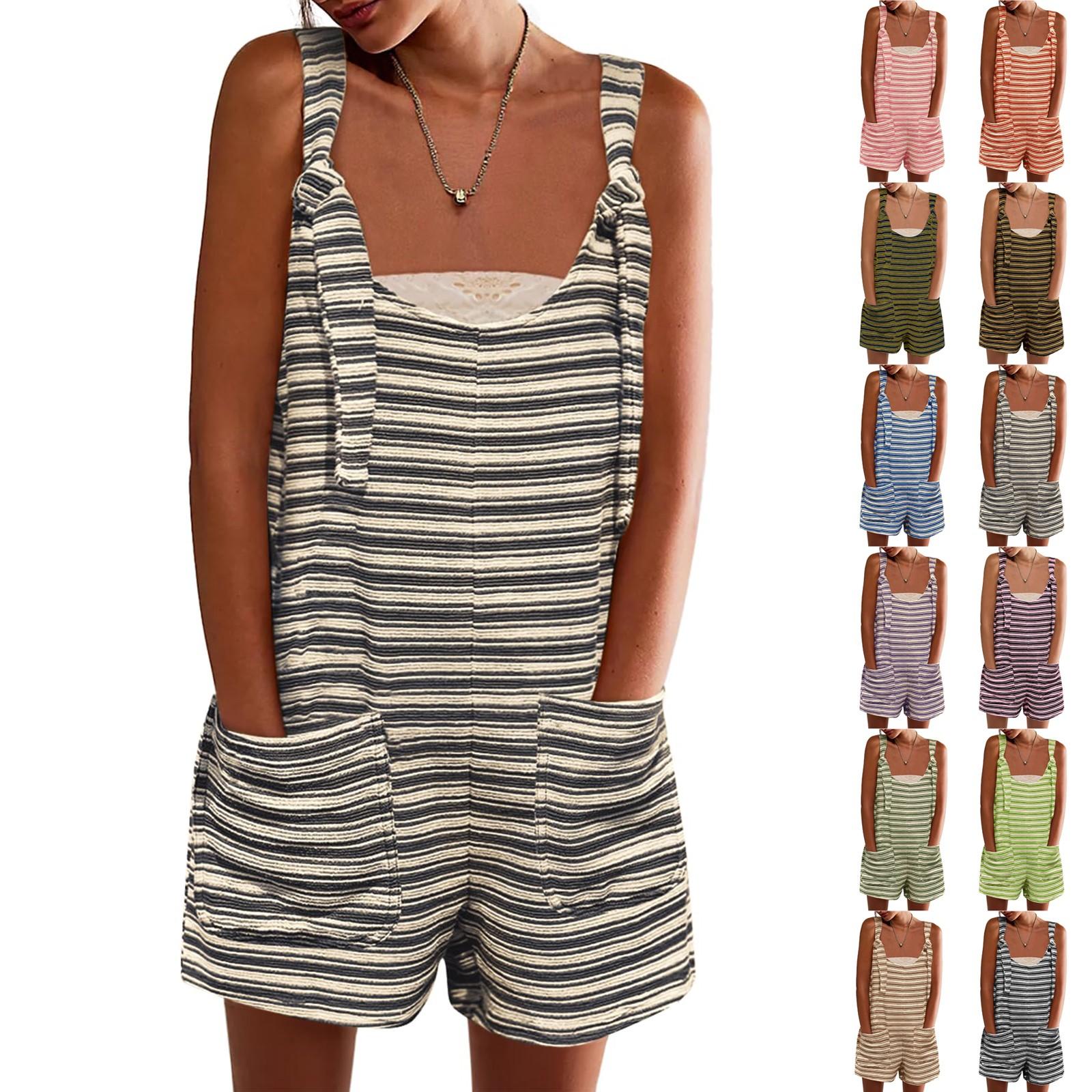 

Womens Summer Casual Sleeveless Romper Loose Striped Tied Shorts Overalls Jumpsuit With Pockets 2025 Clothes XXL