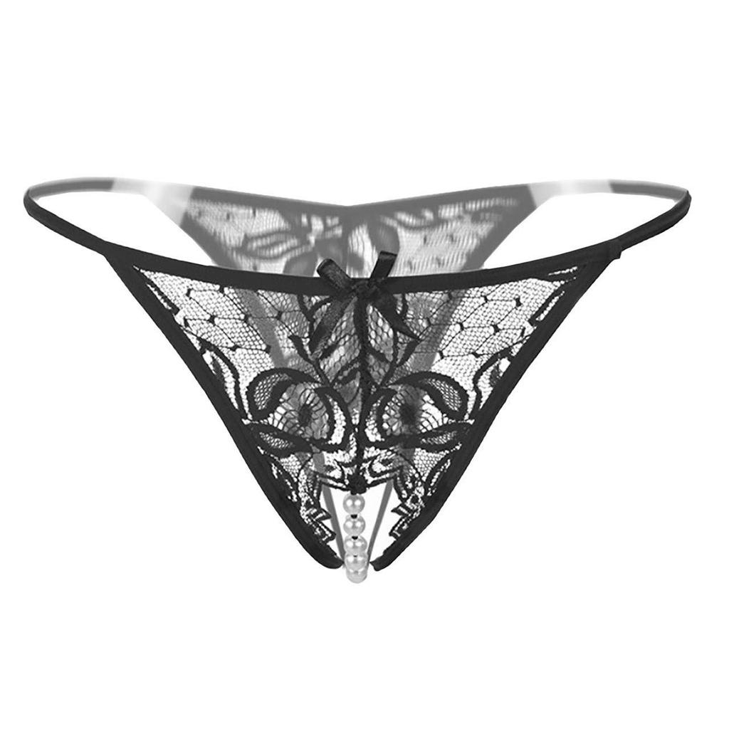 BUZZxSELECTION Panties with Sexy Lace TV061 Women's T-Back Pearls, Underwear, (06 Black)