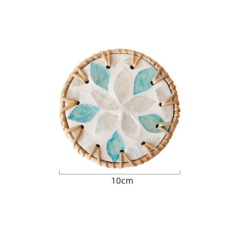 Rattan Shell Coaster Ceramic Heatproof Tea Mat Handwoven Shell Table Mat Decorative Round Coaster Nordic Style