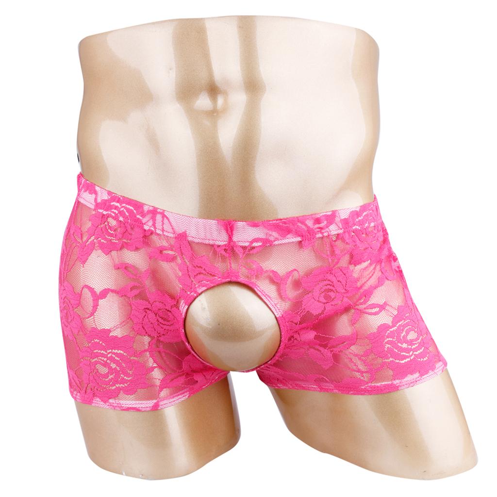 Men Sheer Lace Boxer Shorts Open Front Back See Through Pants Underwear