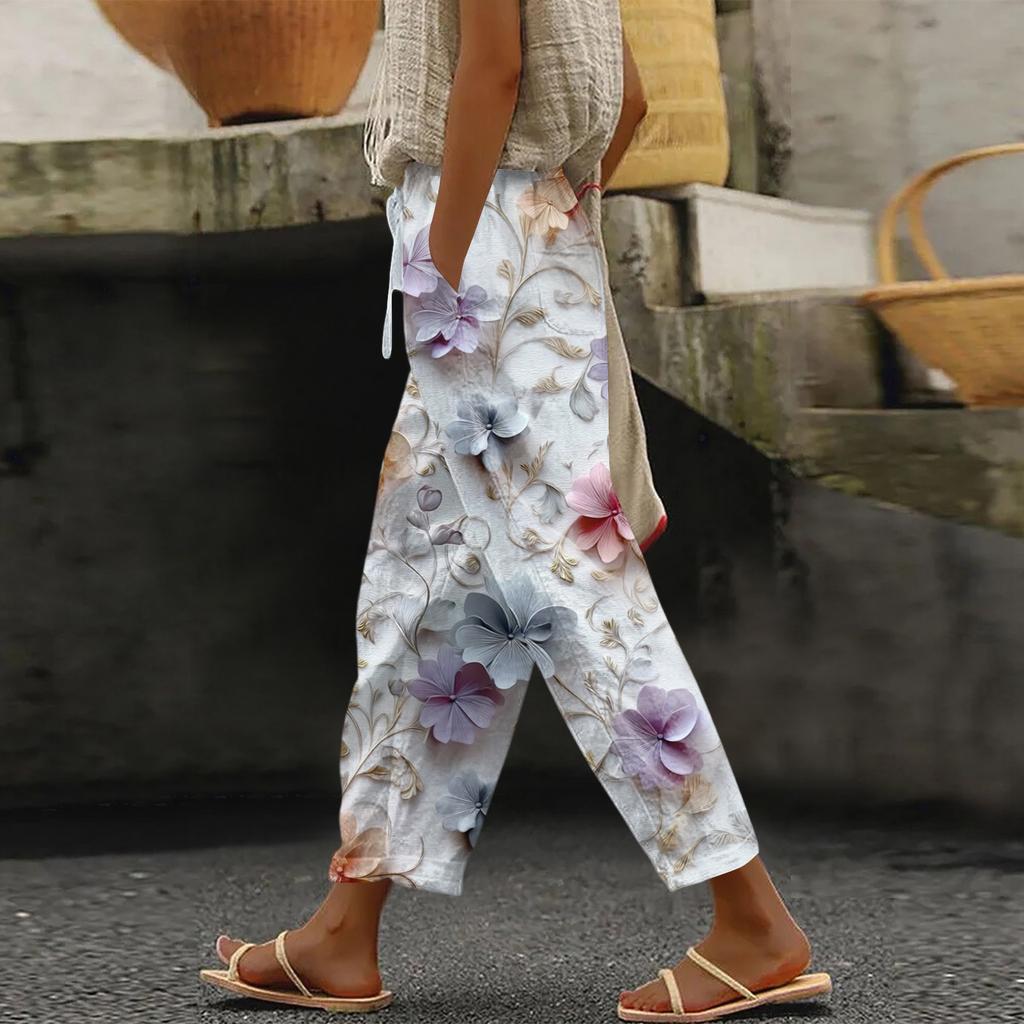 Damen Modische Hose mit Blumenmuster, Kordelzugtaschen und elastischem Bund für Freizeit