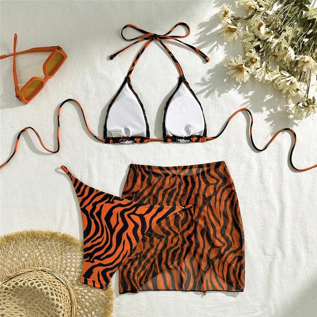 New Tiger Printed With Skirt Halter Bikini Women Swimwear Female Swimsuit Three-pieces Bikini set Bather Bathing Suit Swim