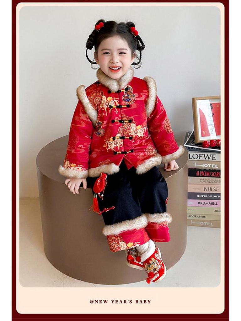 Plus Velvet Girls' New Year Tang Suit - Winter 2025 Two-Piece Set, Children's Chinese Style Outfit