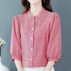 Women's Fashionable Red Plaid Stand-Up Collar Blouse - Seven-Sleeve Loose Fit for Summer 2025