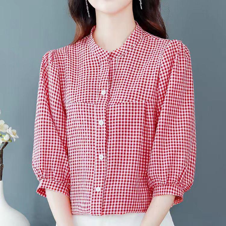 Women's Fashionable Red Plaid Stand-Up Collar Blouse - Seven-Sleeve Loose Fit for Summer 2025