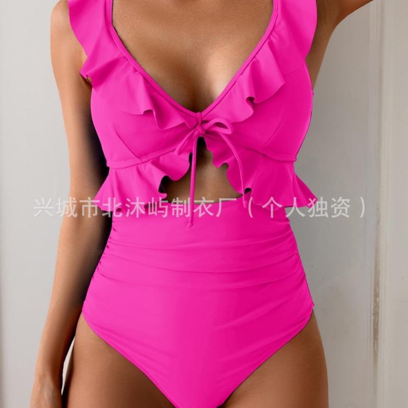 New women's one-piece belly pleated swimsuit V-neck pleated swimsuit Slim-fit hollow swimsuit women
