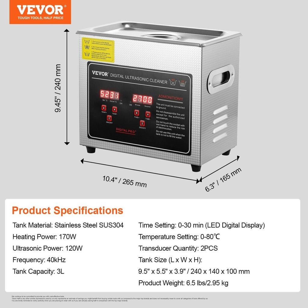 Ultrasonic Cleaner with Digital Timer & Heater, Professional Ultra Sonic Jewelry Cleaner, Stainless Steel Heated Cleaning Machine for Glasses Watch